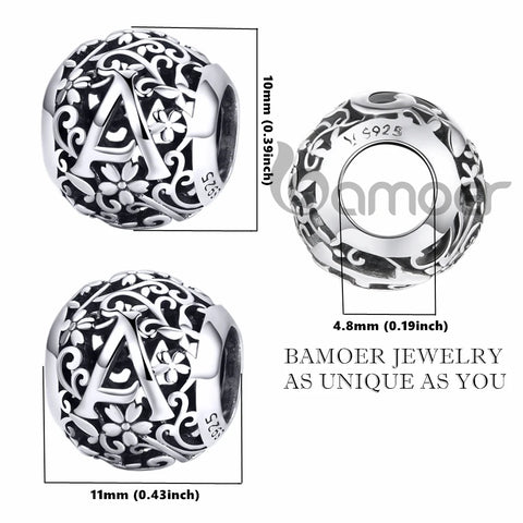 bamoer 925 Sterling Silver Letter Retro Charms Openwork Alphabet Round Beads fit for Charm Bracelet scc1444