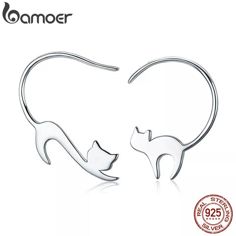 BAMOER Animal Collection 925 Sterling Silver Cute Napping Little Cat Drop Earrings for Women Sterling Silver Jewelry Gift SCE073