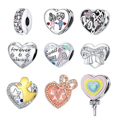 bamoer Shining Heart Lovers Metal Beads Sterling Silver 925 Charm for Original Bracelet DIY Jewelry Valentine's Day Gifts