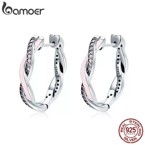 BAMOER Authentic 100% 925 Sterling Silver Pink & Clear CZ Twist Of Fate Hoop Earrings for Women Fashion Earrings Jewelry SCE297
