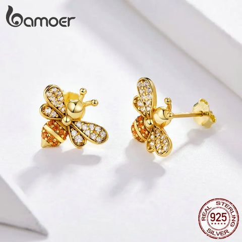 BAMOER Baby Bee Stud Earrings for Women Fashion Crystal Ear Studs 925 Sterling Silver Jewelry for Girl Anti-allergy SCE344