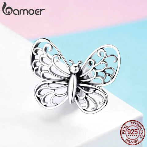 BAMOER 925 Sterling Silver Crystal Butterfly Insect Charms Beads fit Original Charm Bracelets Women Necklaces Jewelry BSC062
