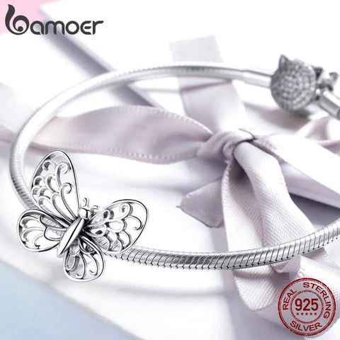 BAMOER 925 Sterling Silver Crystal Butterfly Insect Charms Beads fit Original Charm Bracelets Women Necklaces Jewelry BSC062