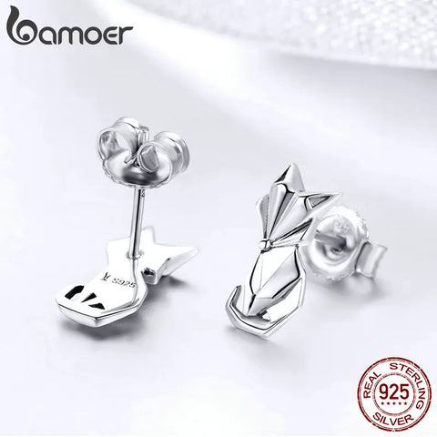 BAMOER Hot Sale Genuine 925 Sterling Silver Fashion Folding Fox Animal Stud Earrings for Women Sterling Silver Jewelry SCE526