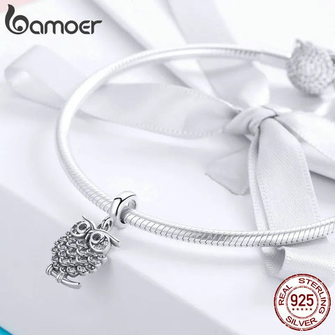 BAMOER Authentic 925 Sterling Silver Crystal Owl Lovely Animal shape Beads Charm fit Bracelet & Bangles Jewelry Making SCC949