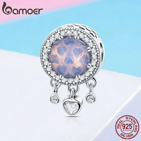 BAMOER 3 Color Authentic 925 Sterling Silver Heart Radiant Crystal Dangle Heart Charms Fit Charm Bracelets Silver Jewelry SCC999