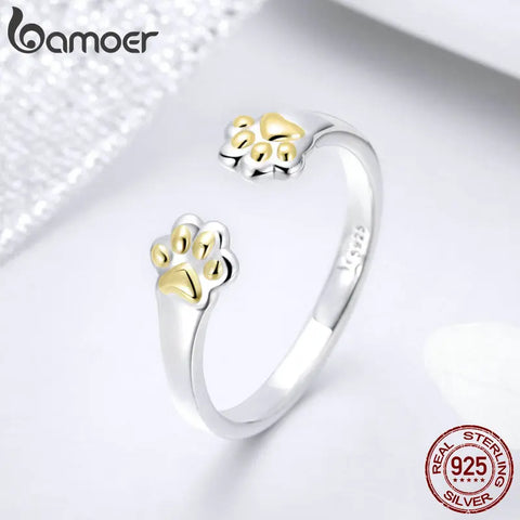 BAMOER Authentic 925 Sterling Silver Animal Footprints Open Size Adjustable Finger Rings for Women Party Wedding Jewelry SCR430