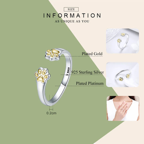 BAMOER Authentic 925 Sterling Silver Animal Footprints Open Size Adjustable Finger Rings for Women Party Wedding Jewelry SCR430