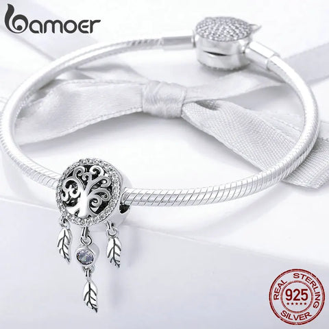 BAMOER 100% 925 Sterling Silver Dream Catcher Holder Family Tree Beads fit Women Charm Bracelets Necklaces DIY Jewelry SCC723