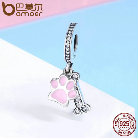 BAMOER Fashion New 925 Sterling Silver Animal Dog Footprint & Dog Bone Pendant Charm fit Women Bracelet DIY Jewelry SCC452