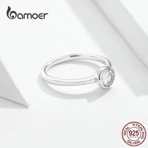 BAMOER 925 Sterling Silver Clear CZ Finger Ring Minimalist Women Engagement Wedding Basic Band Ring SCR535