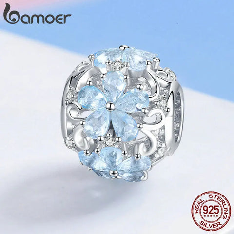BAMOER Winter Collection 925 Sterling Silver Elegant Snowflake Beads Light Blue CZ Charms fit Charm Bracelets DIY Jewelry SCC941