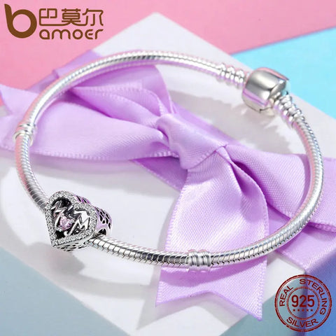 BAMOER Authentic 100% 925 Sterling Silver Heart MOM Letter Clear CZ Charm Fit Charm Bracelet DIY Jewelry Mother Gift SCC395