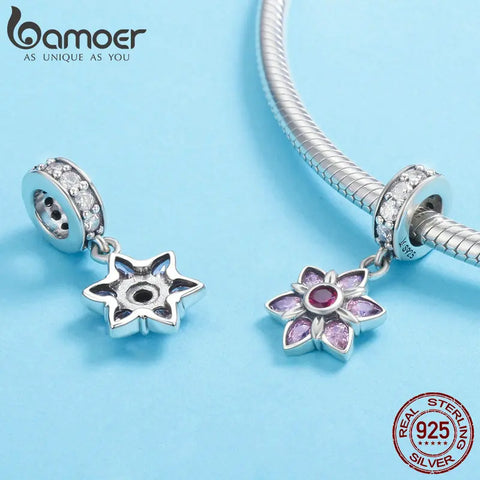 BAMOER 100% 925 Sterling Silver Pendant Pink Crystal Spring Flower Pink CZ Charm fit Charm Bracelet & Necklace Jewelry SCC840
