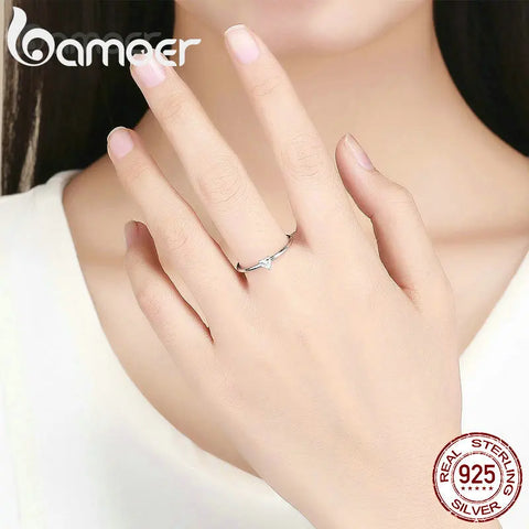 BAMOER HOT SALE 925 Sterling Silver Heart Clear CZ Simple Finger Rings for Women Engagement Wedding Statement Jewelry  SCR498