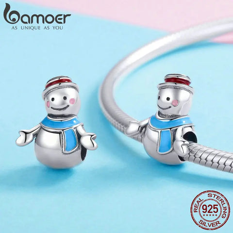 BAMOER Authentic 925 Sterling Silver Miss & Mr Snowman Color Enamel Charms Fit Bracelets & Necklaces DIY Jewelry Making SCC855