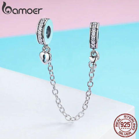 Bamoer Authentic 925 Sterling Silver Heart Lock and Key Dangle Safety Chain fit Charm Bracelet Bangle DIY Jewelry SCC606