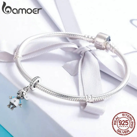 bamoer New 100% 925 Sterling Silver Couple Little Girl & Boy Pendant Charm fit Girls Charm Bracelet DIY Jewelry SCC544