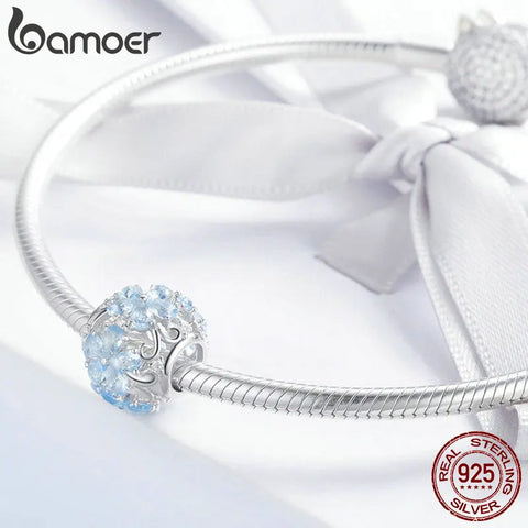 BAMOER Winter Collection 925 Sterling Silver Elegant Snowflake Beads Light Blue CZ Charms fit Charm Bracelets DIY Jewelry SCC941