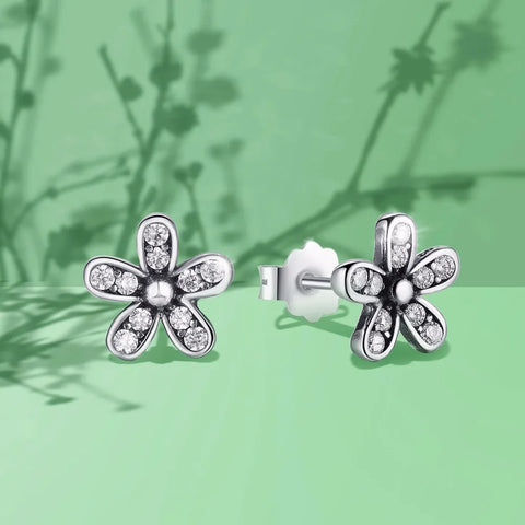 BAMOER Authentic 925 Sterling Silver Dazzling Daisy Stud Earrings With Clear CZ Jewelry