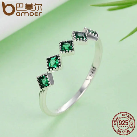 BAMOER High Quality 925 Sterling Silver Stackable Square Green CZ Finger Rings for Women Wedding Engagement Jewelry Gift SCR097