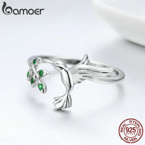 Bamoer 925 Sterling Silver Spring Tree Leaves & Bird Open Ring Green Zircon Adjustable Finger Ring for Women Fine Jewelry SCR323