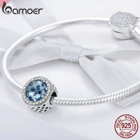 BAMOER 100% 925 Sterling Silver Sparkling Star Pave Blue CZ Beads fit Women Charm Bracelets & Necklaces Jewelry Making SCC730