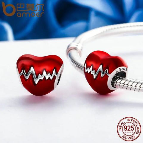 BAMOER New Arrival 100% 925 Sterling Silver Love Heart ECG & Red Enamel Beads fit Charm Bracelets for Women Jewelry Gift SCC249