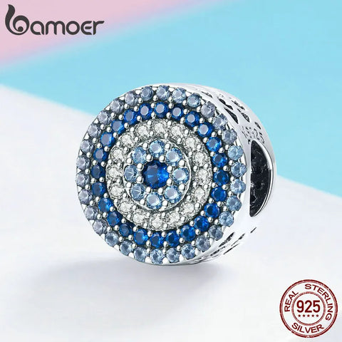 BAMOER Fashion New 925 Sterling Silver Blue Eye Lucky Blue Cubic Zircon Beads Charms fit Necklace Bracelets DIY Jewelry SCC915