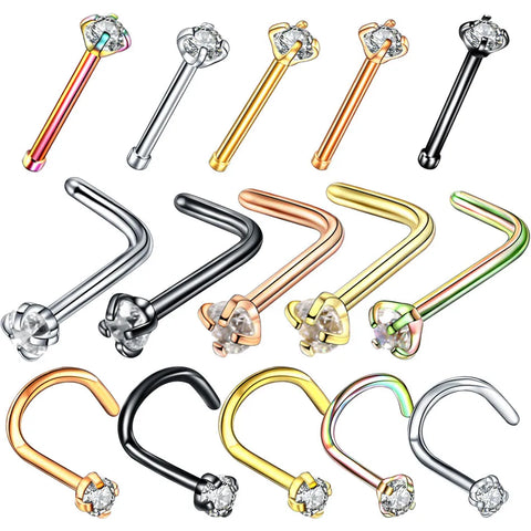 1PC Steel Prong Set Zircon Nose Screw Rings Piercing Nose Studs Nostril Earring Piercings L Shape Nose Piercing Body Jewelry 20G