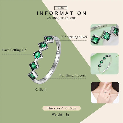 BAMOER High Quality 925 Sterling Silver Stackable Square Green CZ Finger Rings for Women Wedding Engagement Jewelry Gift SCR097