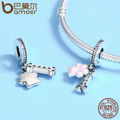 BAMOER Fashion New 925 Sterling Silver Animal Dog Footprint & Dog Bone Pendant Charm fit Women Bracelet DIY Jewelry SCC452