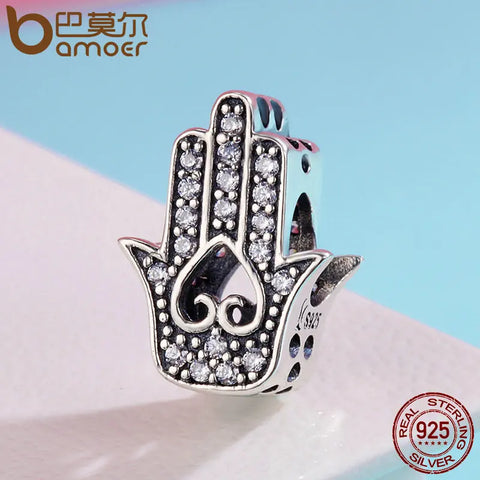 BAMOER Authentic 925 Sterling Silver Good Luck Hand Of Fatima Charms fit Women Bracelets & Necklaces DIY Silver jewelry SCC225