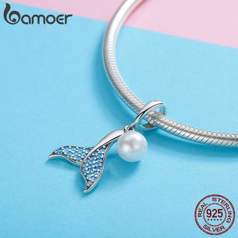 BAMOER Genuine 925 Sterling Silver The Mermaid's Tail Quality Shell Pearl Pendant Charm fit Charm Bracelet DIY Jewelry SCC877
