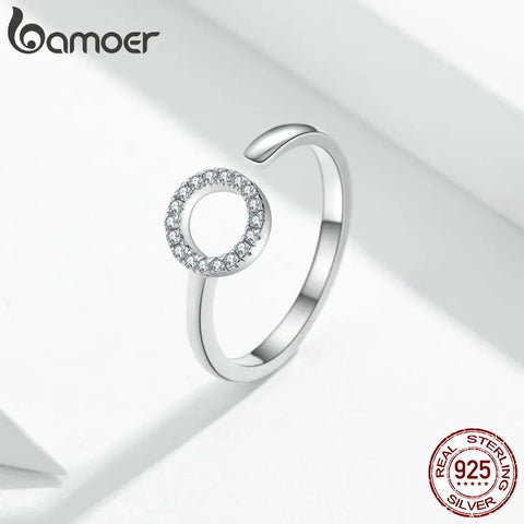 bamoer Geometric Round Simple Adjustable Finger Rings for Women Sterling Silver 925 Clear CZ Free Size Circle Jewelry SCR545