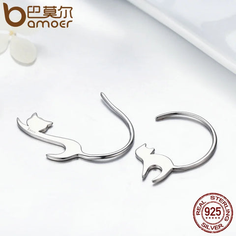 BAMOER Animal Collection 925 Sterling Silver Cute Napping Little Cat Drop Earrings for Women Sterling Silver Jewelry Gift SCE073