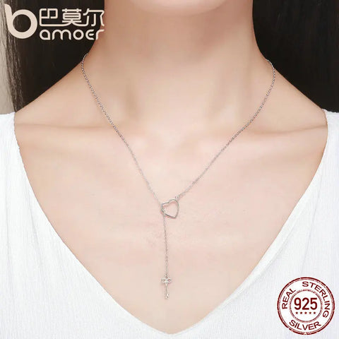 BAMOER 925 Sterling Silver Sweet Key of Heart Lock Link Chain Necklaces & Pendants Women Luxury Sterling Silver Jewelry SCN107