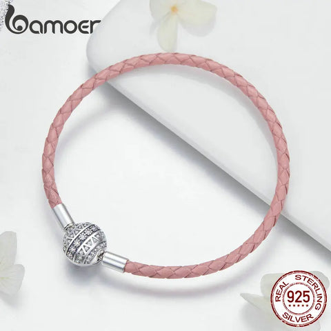 BAMOER Genuine 925 Sterling Silver Round Clasp Dazzling Clear CZ Leather Bracelets for Women Sterling Silver Jewelry SCB114
