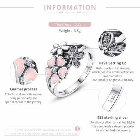 BAMOER Fashion 925 Sterling Silver Pink Flower Poetic Daisy Cherry Blossom Finger Ring for Women #6 7 8 9 Size Jewelry SCR004