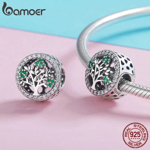 BAMOER Authentic 925 Sterling Silver Tree of Life Dazzling CZ Round Charms Beads Fit Women Bracelet Jewelry Accessories SCC919