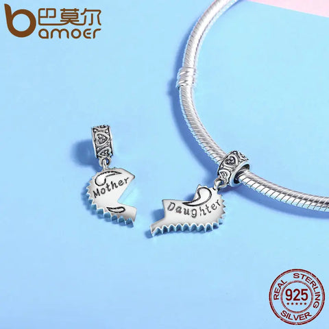 BAMOER 100% 925 Sterling Silver Mother and Daughter Love Forever Pendant Charms fit Bracelets Necklace Jewelry Making SCC427