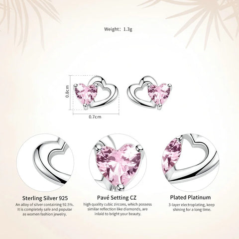 BAMOER 925 Sterling Silver Double Heart to Heart Pink CZ Stud Earrings for Women Brincos Fine Jewelry Bijoux SCE090