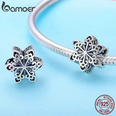BAMOER Genuine 925 Sterling Silver Elegant Snowflake Openwork Beads fit Women Charm Bracelets & Necklace DIY Jewelry SCC719