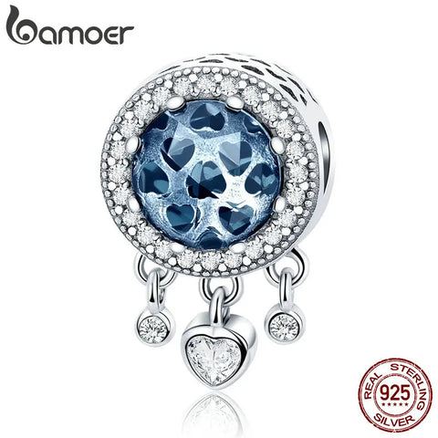 BAMOER 3 Color Authentic 925 Sterling Silver Heart Radiant Crystal Dangle Heart Charms Fit Charm Bracelets Silver Jewelry SCC999