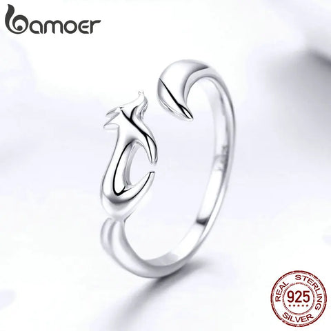 BAMOER 925 Sterling Silver Animal Fox Adjustable Finger Rings for Women Open Size Fox Tail Ring Sterling Silver Jewelry SCR478