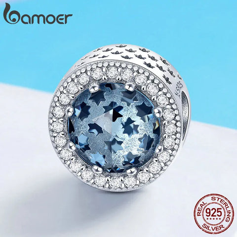 BAMOER 100% 925 Sterling Silver Sparkling Star Pave Blue CZ Beads fit Women Charm Bracelets & Necklaces Jewelry Making SCC730