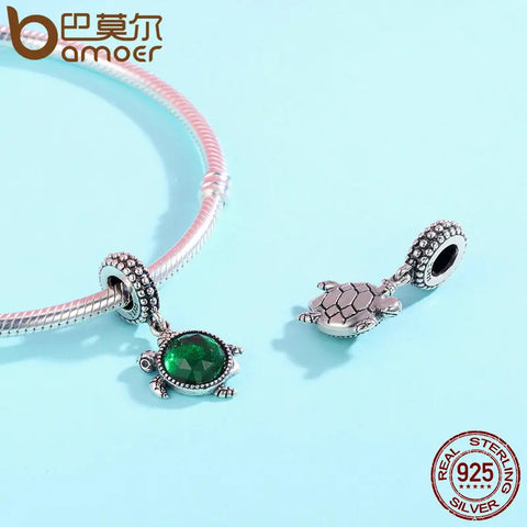 BAMOER 100% 925 Sterling Silver Turtle's Adventure Tortoise Pendant Charms fit Women Charm Bracelets Necklace DIY Jewelry SCC281
