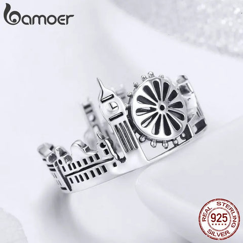 BAMOER High Quality 925 Sterling Silver London City Finger Ring British Building Rings for Women Cocktail Wedding Jewelry SCR474