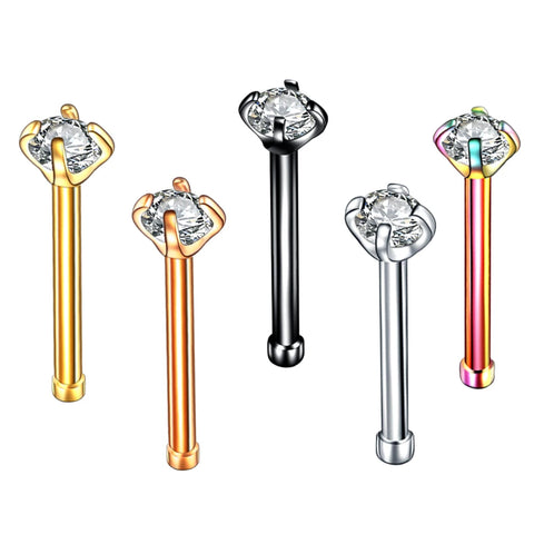 1Pc Studs Nose Rings Stainless Steel Bone Nose Stud Piercing Earring Anodized Mix Color Prong CZ Nose Jewelry 20G