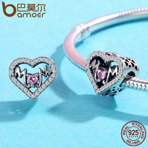 BAMOER Authentic 100% 925 Sterling Silver Heart MOM Letter Clear CZ Charm Fit Charm Bracelet DIY Jewelry Mother Gift SCC395